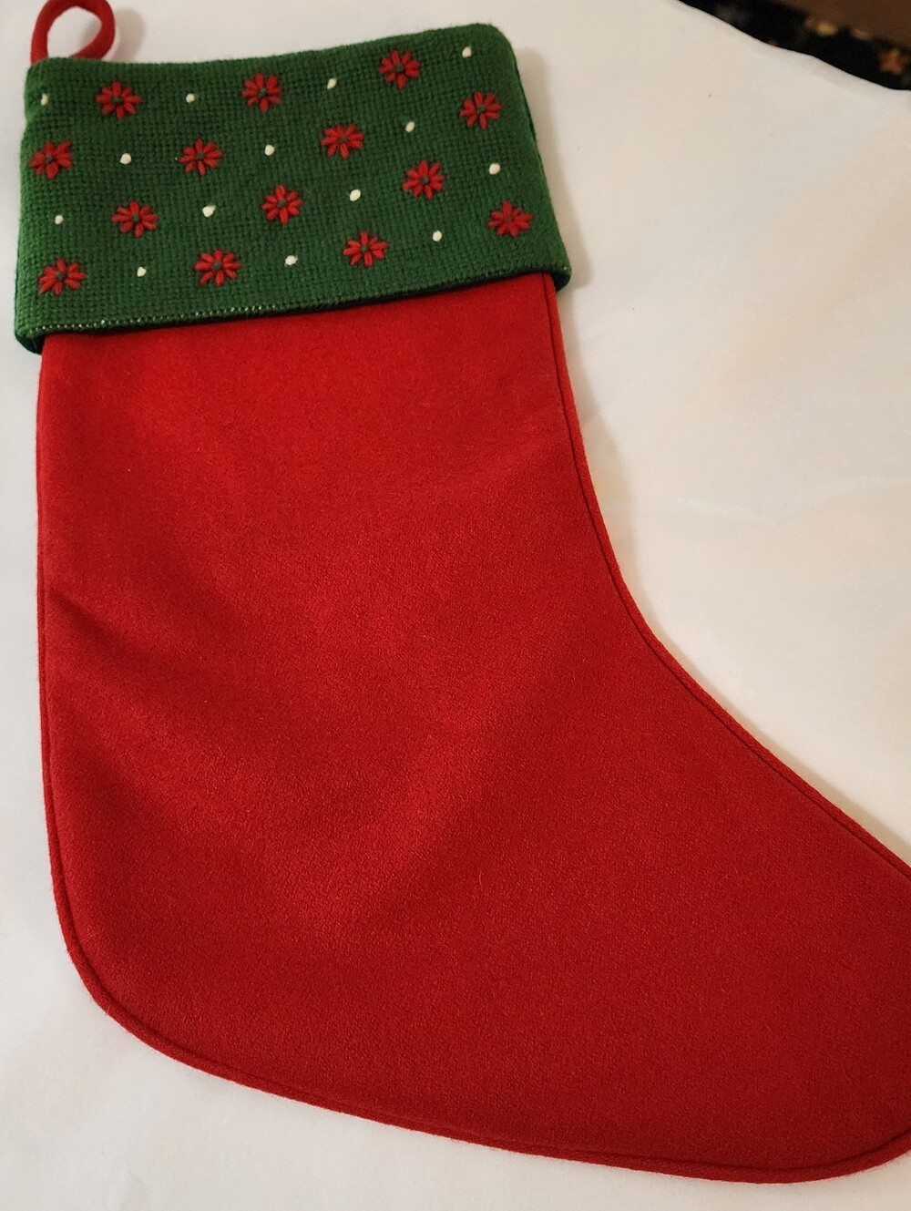 Red & Green Wool Christmas Stocking Needlepoint Floral Cuff Poinsettia Beaded